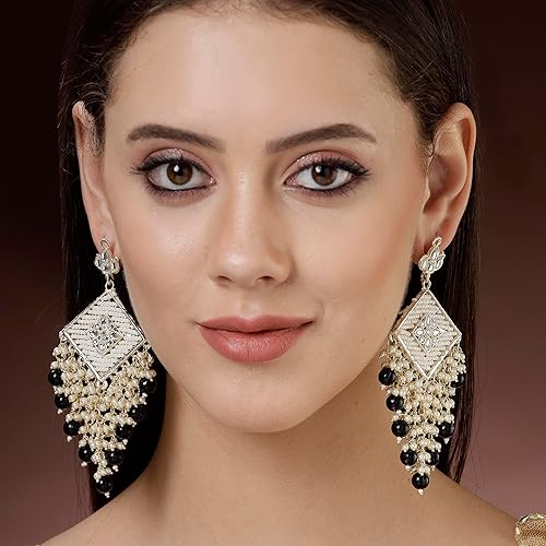 LukGud 18K Gold Plated Traditional Handcrafted Pearl Kundan Beaded Chandbali Earrings for Women/Girls
