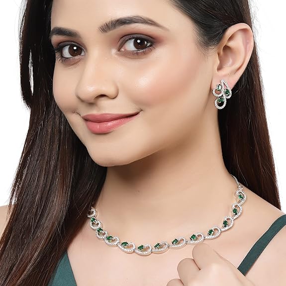 LukGud American Diamond studded Necklace and Drop Earrings Jewellery Set for women