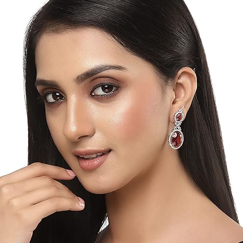 LukGud Oxidised Silver-Plated American Diamond studded Oval Shaped Drop Earrings Jewellery For Girls and Women