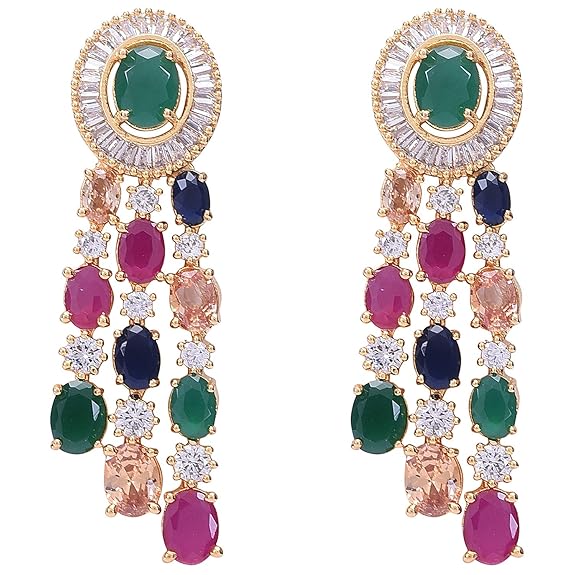 LukGud American Diamond Fashion Jewellery Red Green Blue White Multi Layer Necklace Set with Earring for Women/Girls