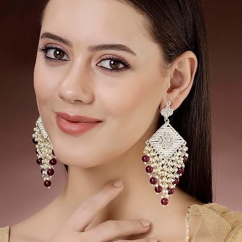 LukGud 18K Gold Plated Traditional Handcrafted Pearl Kundan Beaded Chandbali Earrings for Women/Girls