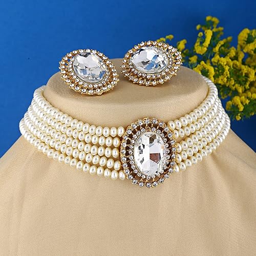 LukGud 18k Gold Plated Latest Stylish Fancy Choker Traditional Pearl Necklace Jewellery Set for Women