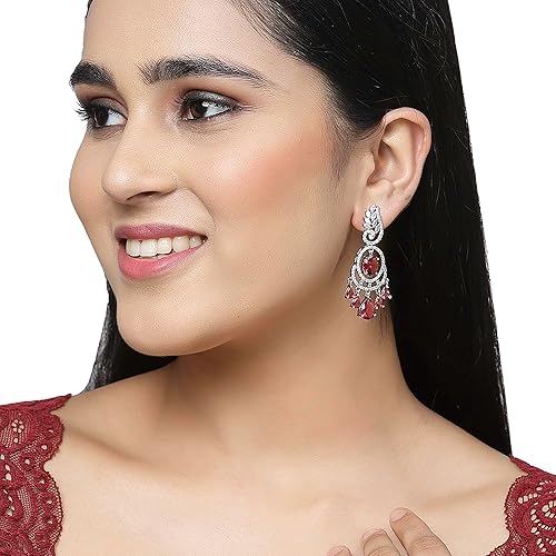 LukGud Rhodium-Plated American Diamond Studded Oval & Leaf Shaped Drop Earrings For Girls and Women