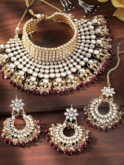 LukGud Indian Wedding Traditional Gold Plated Kundan Choker Necklace Set with Tikka and Earrings for Women Girls