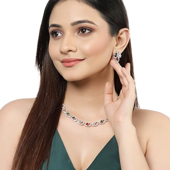 LukGud American Diamond studded Necklace and Drop Earrings Jewellery Set for women