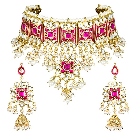 LukGud Gold Plated Meenakari Bridal Choker Necklace Earring Jewellery Set for women