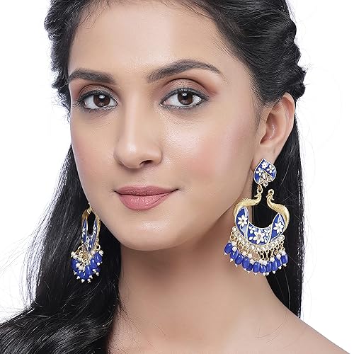 LukGud Gold-Plated Kundan & Pearls studded Peacock Shaped Handcrafted Drop Earrings