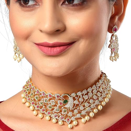 LukGud Gold Plated White & Red American Diamond Studded With Drop Pearl Beaded Jewellery Set For Women & Girl