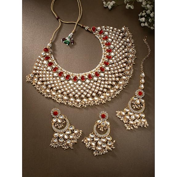 LukGud Green Gold Plated Indian Traditional Polki Look Kundan Bridal Necklace Earring Set with Maang Tikka for Women