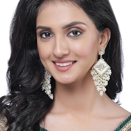 LukGud 18K Gold Plated Traditional Handcrafted Pearl Kundan Beaded Chandbali Earrings for Women/Girls