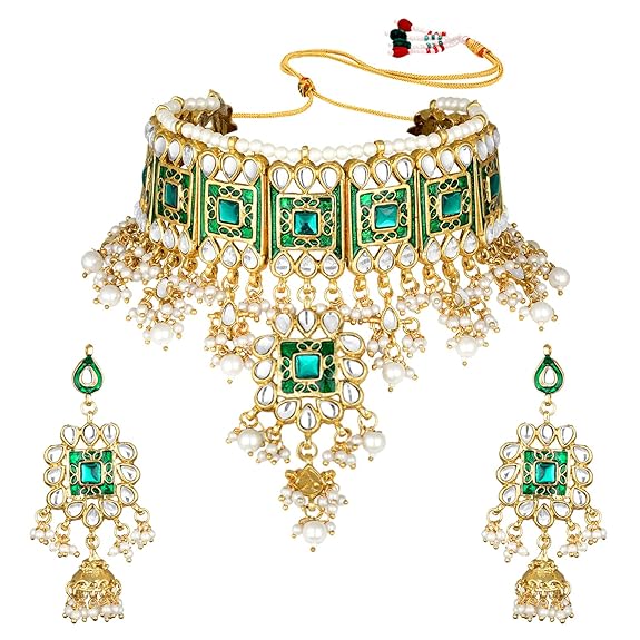 LukGud Gold Plated Meenakari Bridal Choker Necklace Earring Jewellery Set for women