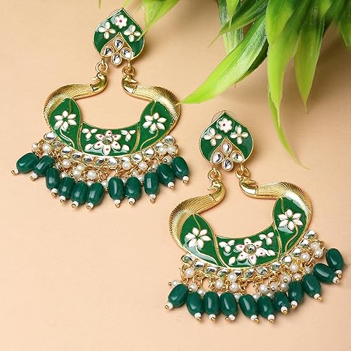 LukGud Gold-Plated Kundan & Pearls studded Peacock Shaped Handcrafted Drop Earrings