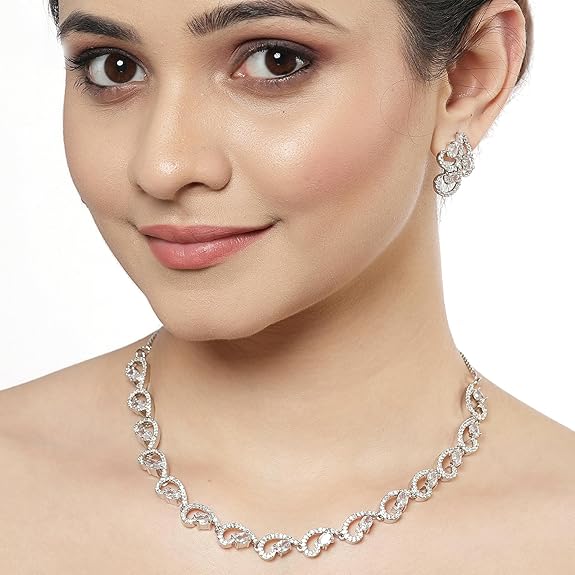 LukGud American Diamond studded Necklace and Drop Earrings Jewellery Set for women