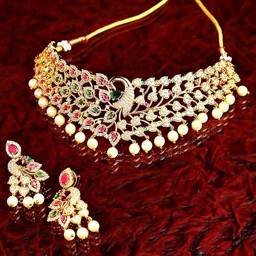 LukGud Gold Plated White & Red American Diamond Studded With Drop Pearl Beaded Jewellery Set For Women & Girl