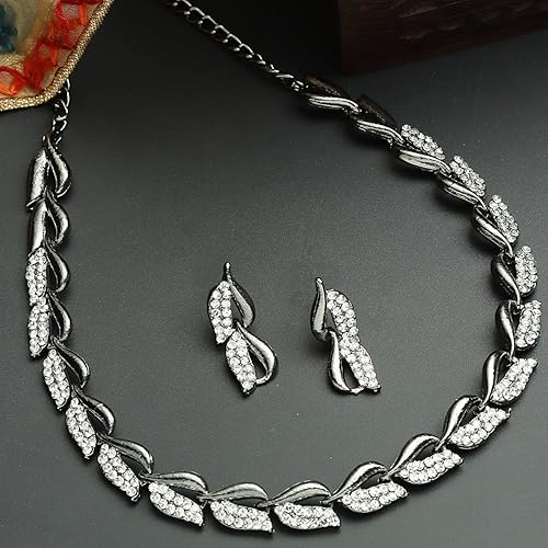 LukGud American Diamond Studded Intrcately Designed Leaf Shaped Necklace With Earring Jewellery Set For Women and Girl
