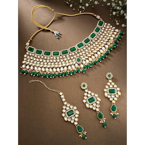 LukGud Rani Padmavati Kundan Faux Pearl Choker Necklace with Earrings Maang Tikka for Women Girls Traditional Jewellery set