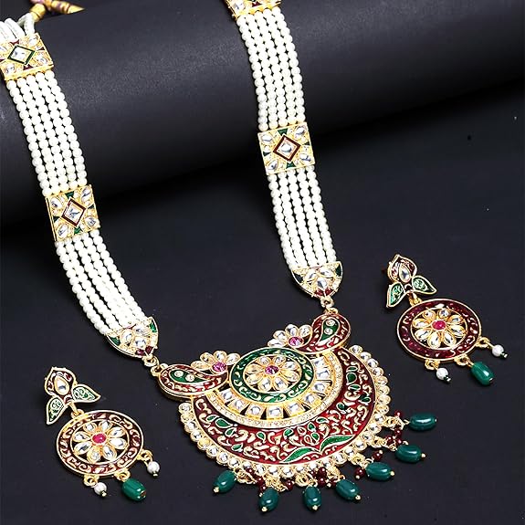 LukGud Jewellery Set Gold Plated Long Necklace Hyderabadi Design Pearl Peacock Necklace Set With Earring Jewellery For Women & Girls