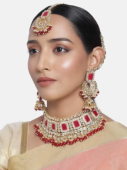 LukGud Rani Padmavati Dulhan Bridal Kundan Pearl Adjustable Choker Necklace with Earrings Maang Tikka for Women Girls Indian Traditional Jewellery Set