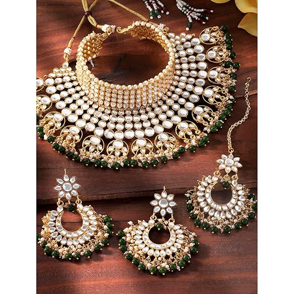 LukGud Indian Wedding LukGud Traditional Gold Plated Kundan Choker Necklace Set with Tikka and Earrings for Women Girls