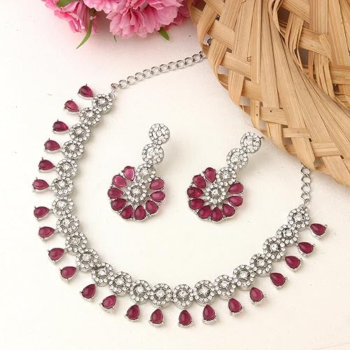 LukGud American Diamond Necklace Jewellery Set with Earrings for Women