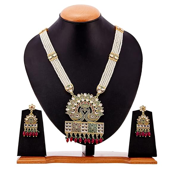 LukGud Jewellery Set Gold Plated Long Necklace Hyderabadi Design Pearl Peacock Necklace Set With Earring Jewellery For Women & Girls