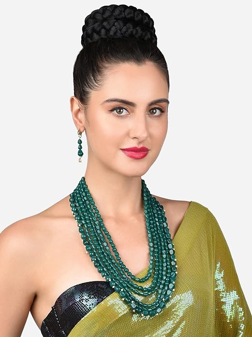 LukGud Green Multi Layers Beaded Long Necklace & Earring Set For Women