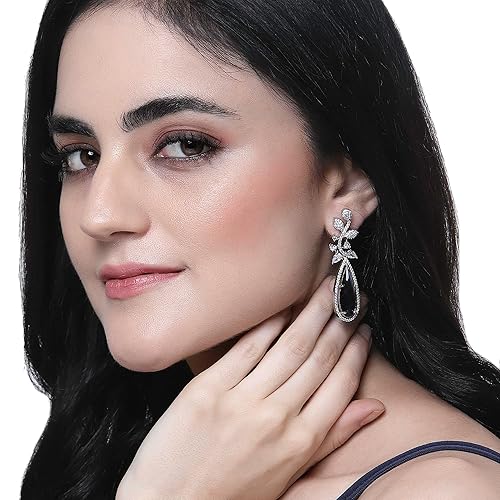 LukGud Rhodium-Plated American Diamond Studded Teardrop & Leaf Shaped Drop Earrings For Girls and Women