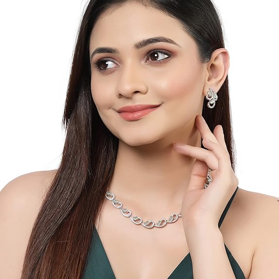LukGud American Diamond studded Necklace and Drop Earrings Jewellery Set for women