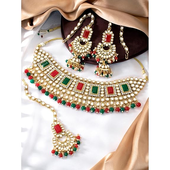 LukGud Rani Padmavati Dulhan Bridal Kundan Pearl Adjustable Choker Necklace with Earrings Maang Tikka for Women Girls Indian Traditional Jewellery Set