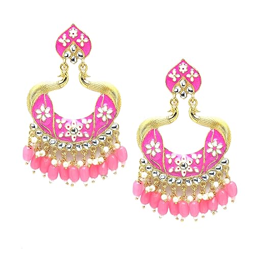 LukGud Gold-Plated Kundan & Pearls studded Peacock Shaped Handcrafted Drop Earrings