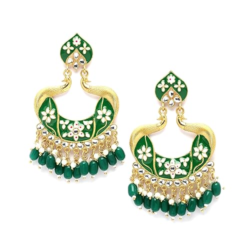 LukGud Gold-Plated Kundan & Pearls studded Peacock Shaped Handcrafted Drop Earrings