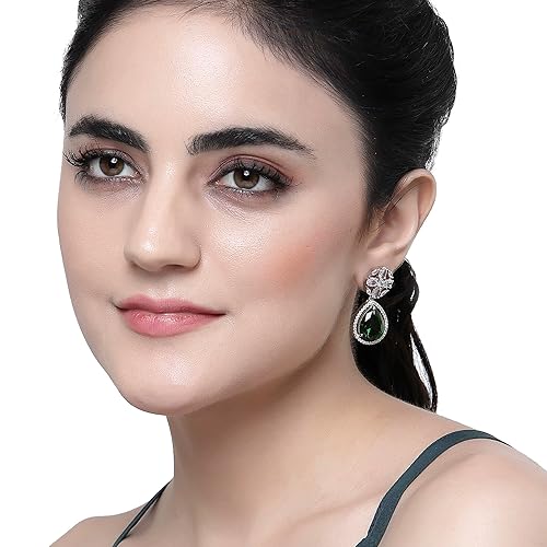 LukGud Rhodium-Plated American Diamond Studded Teardrop & Floral Shaped Drop Earrings For Girls and Women
