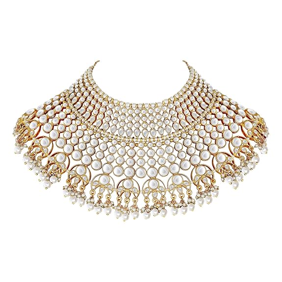 LukGud Indian Wedding Traditional Gold Plated Kundan Choker Necklace Set with Tikka and Earrings for Wome Girls