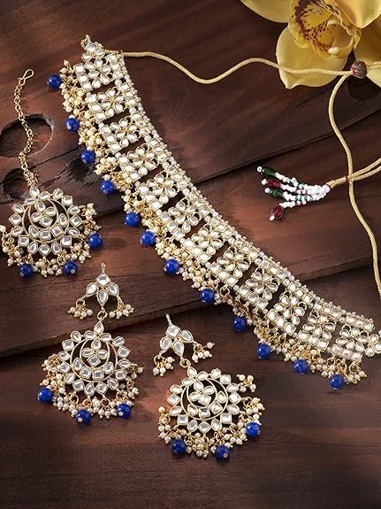 LukGud Ethnic Indian Traditional Jewellery Kundan Choker Necklace Earring Maang Tikka Set Gift for Women Girls