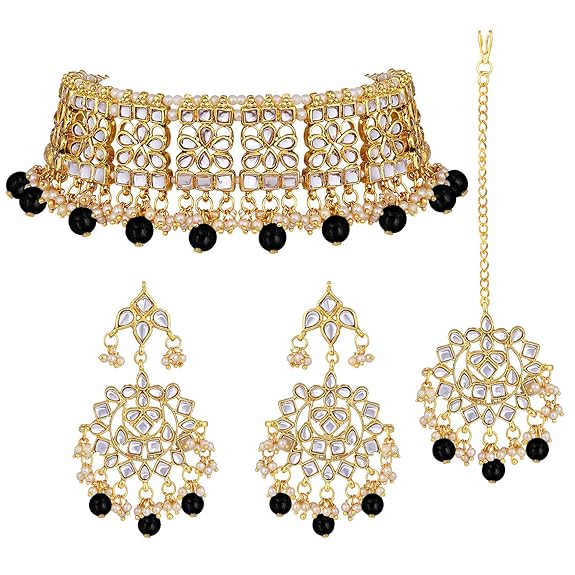 LukGud Ethnic Indian Traditional Jewellery Kundan Choker Necklace Earring Maang Tikka Set Gift for Women Girls