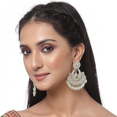 LukGud Gold-Plated Kundan studded Crescent Shaped Chandbali Earrings for Girls and Women