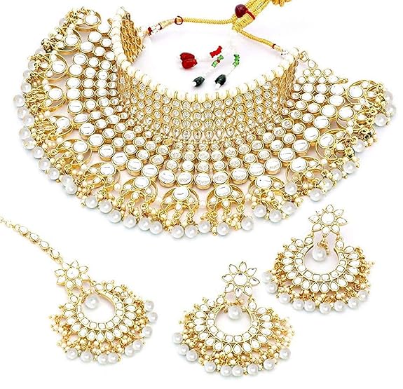 LukGud Indian Wedding Traditional Gold Plated Kundan Choker Necklace Set with Tikka and Earrings for Wome Girls