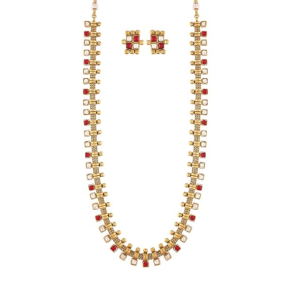 LukGud South Indian Stylish Multicolour Stone Work Long Necklace With Earrings For Women & Girls
