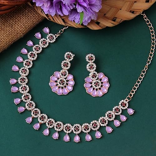 LukGud American Diamond Necklace Jewellery Set with Earrings for Women |
