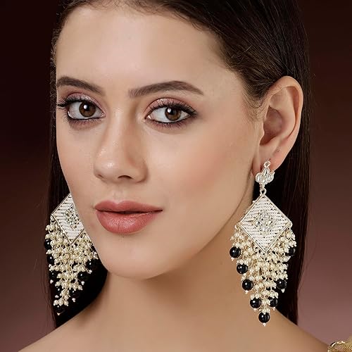 LukGud 18K Gold Plated Traditional Handcrafted Pearl Kundan Beaded Chandbali Earrings for Women/Girls