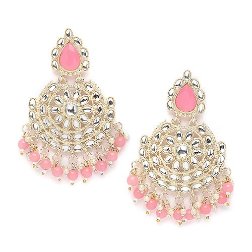 LukGud Gold-Plated Kundan studded Crescent Shaped Chandbali Earrings for Girls and Women