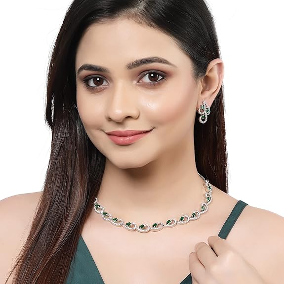 LukGud American Diamond studded Necklace and Drop Earrings Jewellery Set for women
