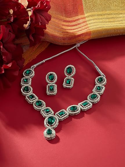LukGud Green Stones & Dazzling Austrian Diamonds Embellished Necklace & Earring Set For Women