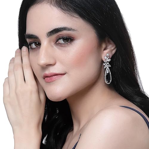 LukGud Rhodium-Plated American Diamond Studded Teardrop & Leaf Shaped Drop Earrings For Girls and Women