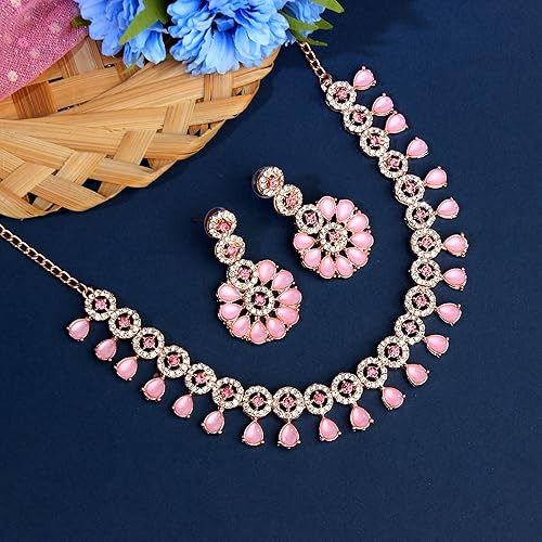 LukGud American Diamond Necklace Jewellery Set with Earrings for Women |