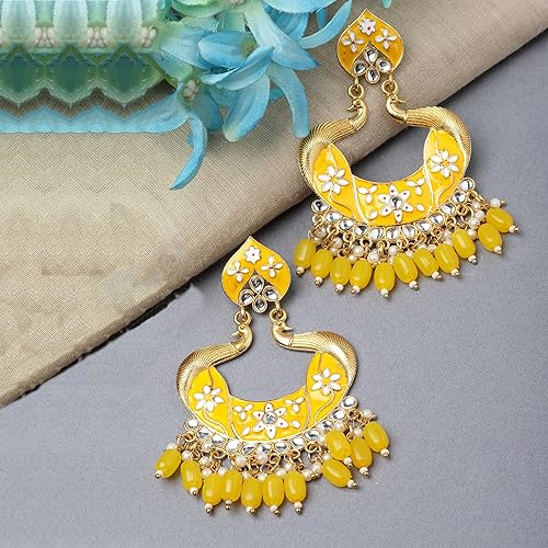 LukGud Gold-Plated Kundan & Pearls studded Peacock Shaped Handcrafted Drop Earrings