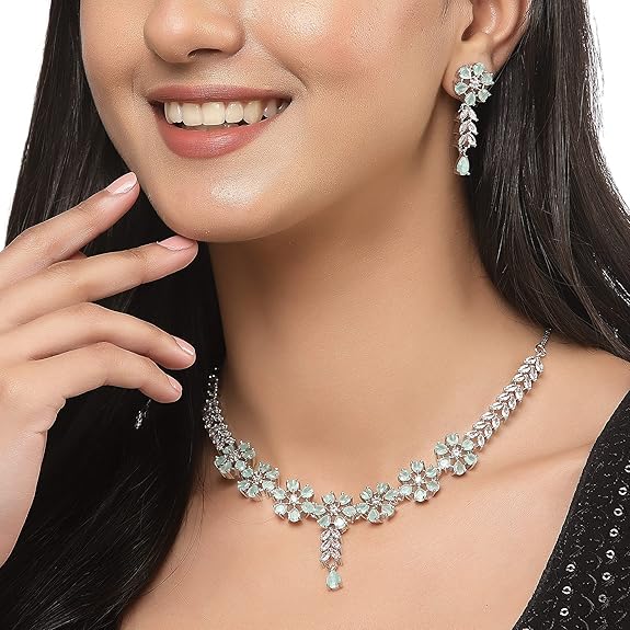 LukGud American Diamond Studded Necklace Earrings Jewellery Set for Girls and Women