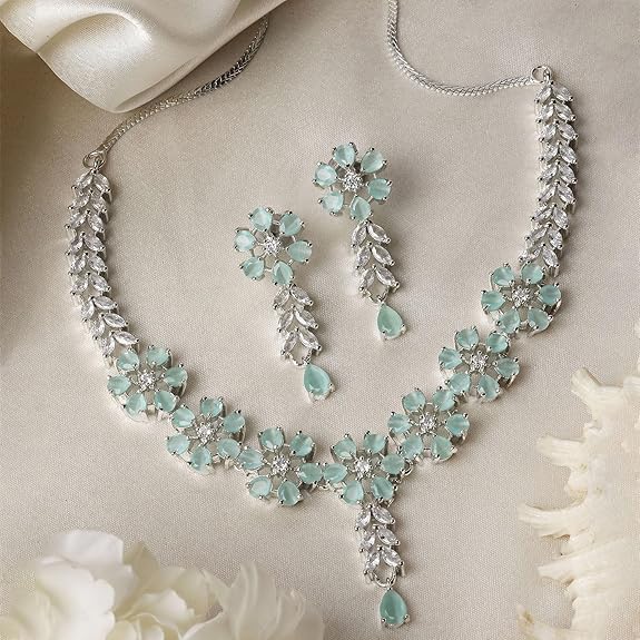 LukGud American Diamond Studded Necklace Earrings Jewellery Set for Girls and Women