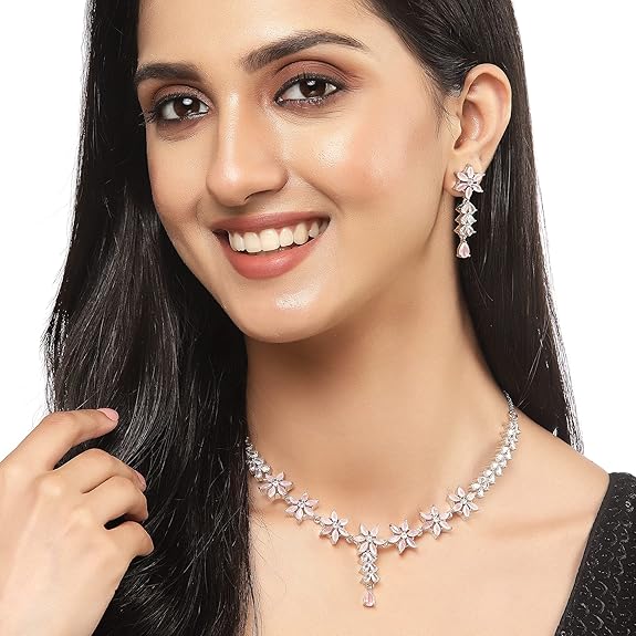 LukGud American Diamond Studded Necklace Earrings Jewellery Set for Girls and Women