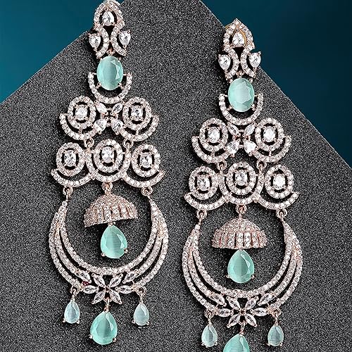 LukGud Floral Shaped American Diamond Dangle Chandelier Earring For Women And Girls